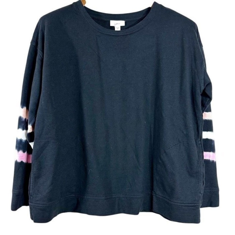 J. Jill Fit Womens M Black Tie Dye Stripe Sleeve Sweatshirt Cotton Modal Pockets
